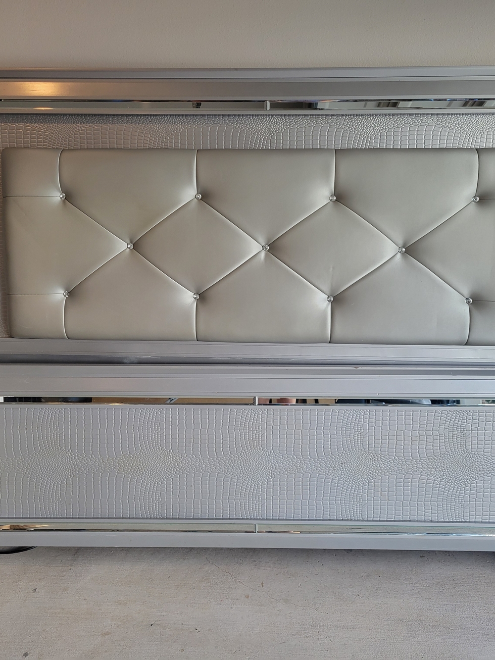 Tufted Faux Leather Headboard with Crystal Buttons - Silver/Gray